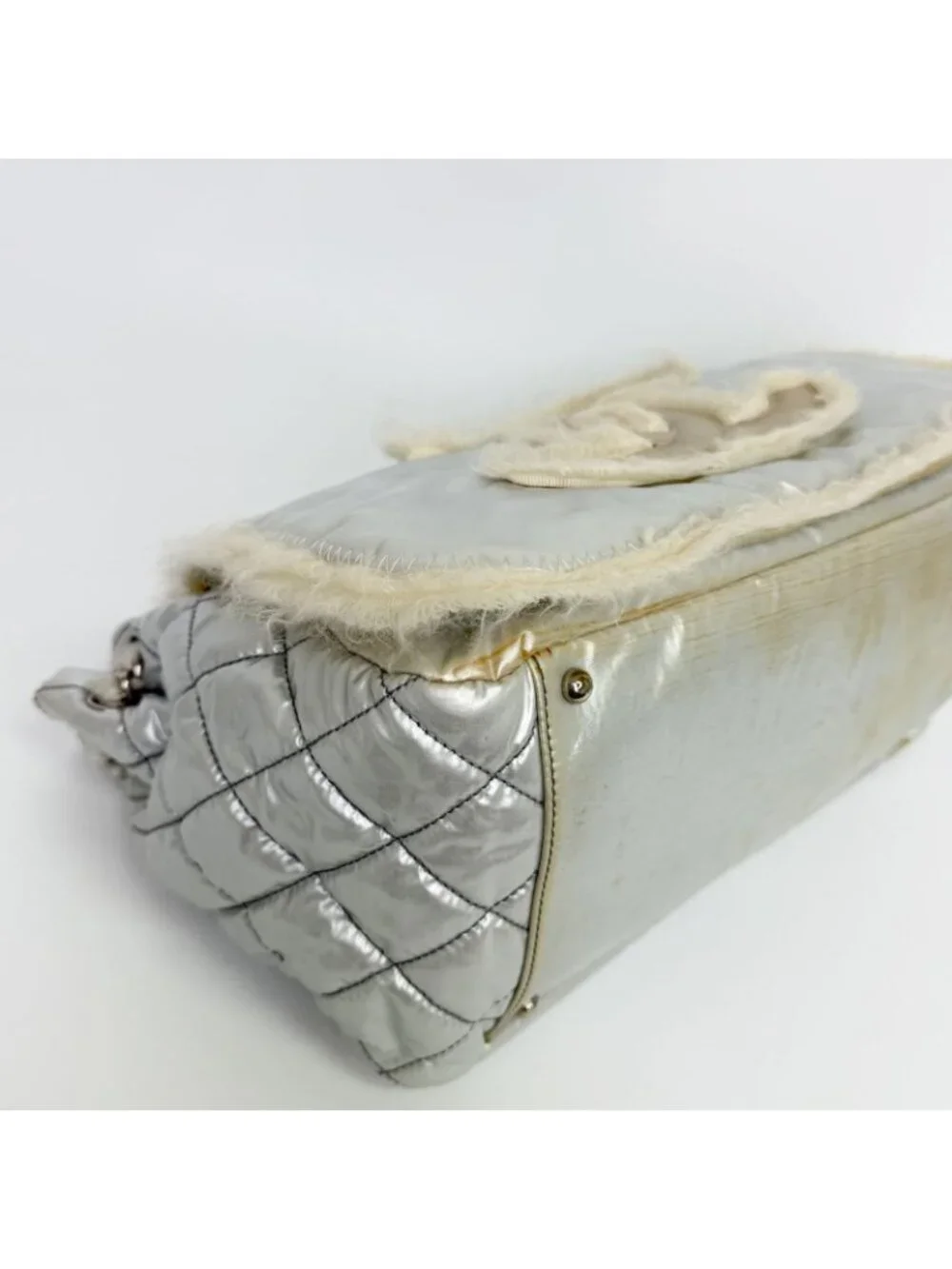 Chanel CC Logo Chain Tote Shoulder Bag Nylon Silver Ivory Seal Vintage